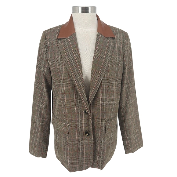 Steve Madden Oversized Blazer Brown Plaid Faux Leather 2 Button Jacket Medium - Picture 1 of 9